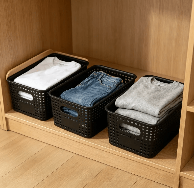 6-Pack Black Stackable Storage Bins with Bamboo Lids – Modern Lidded Plastic Boxes for Kitchen, Bathroom, Office, or Wardrobe Organization