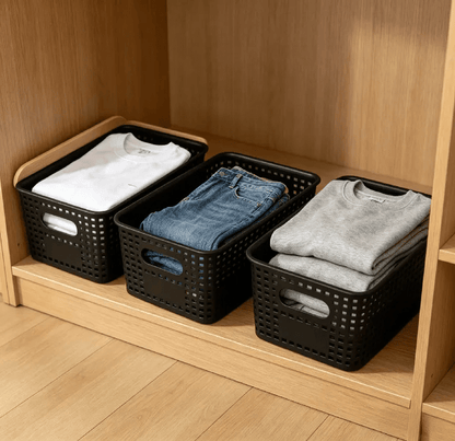 6-Pack Black Stackable Storage Bins with Bamboo Lids – Modern Lidded Plastic Boxes for Kitchen, Bathroom, Office, or Wardrobe Organization