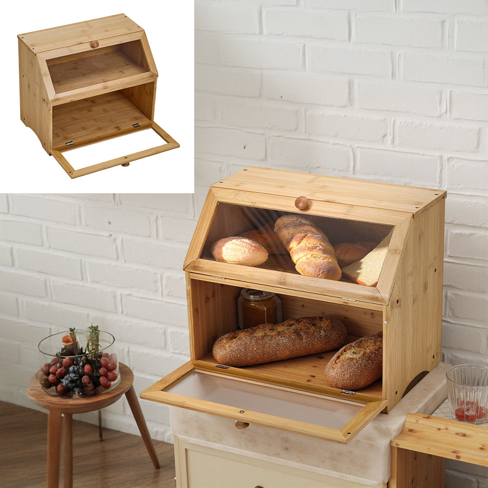 Bamboo Bread Bin with Transparent Window, 2-Layer, Bread Box Large Capacity Bread Storage for Kitchen, Kitchen Countertop Bread Box for Bread, Sushi, Pastries, Biscuits, Breakfast, Natural/ Black, 15.55*9.84*12.60 Inch