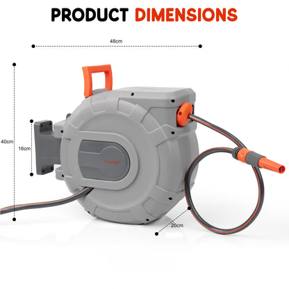 Hose Reel – Wall Mounted Hose Reels for Garden, Retractable, Auto Lock & Auto Rewind Pipe 180°, Includes Wall Fixings & Ready for Outdoor Use with Nozzle, Accessories, Grey