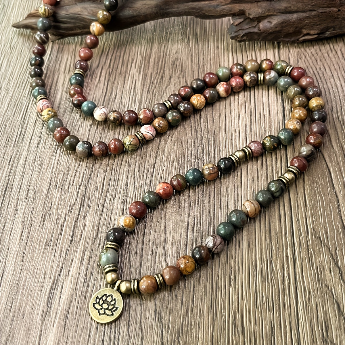 Vintage Bohemian 108 Mala Beads Handmade Stacked Elastic Bracelet - Picasso Stone Natural Stone Mindfulness Yoga Japamala Jewelry Necklace for Men and Women, Elegant with Lotus Pendant, Ideal Gift for Mother's Day, Father's Day, Ramadan.