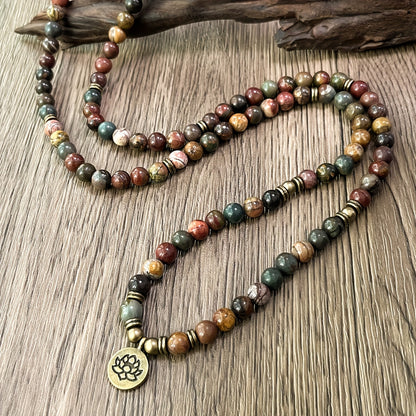 Vintage Bohemian 108 Mala Beads Handmade Stacked Elastic Bracelet - Picasso Stone Natural Stone Mindfulness Yoga Japamala Jewelry Necklace for Men and Women, Elegant with Lotus Pendant, Ideal Gift for Mother's Day, Father's Day, Ramadan.