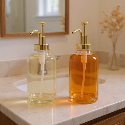 Glass Coffee Syrup Dispenser, Press-Type Liquid Dispenser 2pcs Set, Glass Honey Pot Honey Jar Shampoo and Conditioner Dispenser, 500ml, Gold