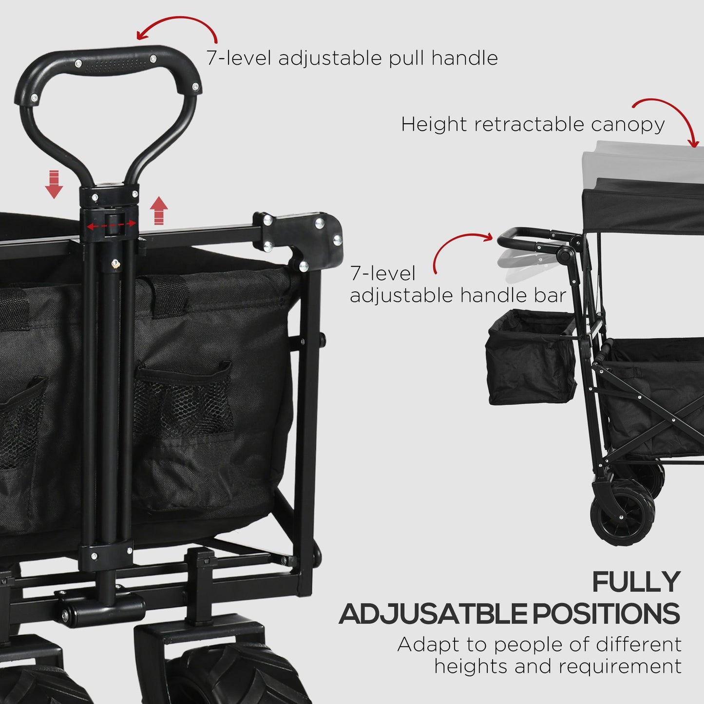 Folding Trolley Cart Storage Wagon Beach Trailer 4 Wheels with Handle Overhead Canopy Cart Push Pull For Shopping Camping, Spacious Design With Side Outer Pocket, Telescopic Pull Handle, Cup Holder, Steel Frame With 360° Rotating Wheels