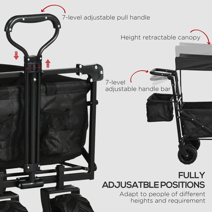 Folding Trolley Cart Storage Wagon Beach Trailer 4 Wheels with Handle Overhead Canopy Cart Push Pull For Shopping Camping, Spacious Design With Side Outer Pocket, Telescopic Pull Handle, Cup Holder, Steel Frame With 360° Rotating Wheels
