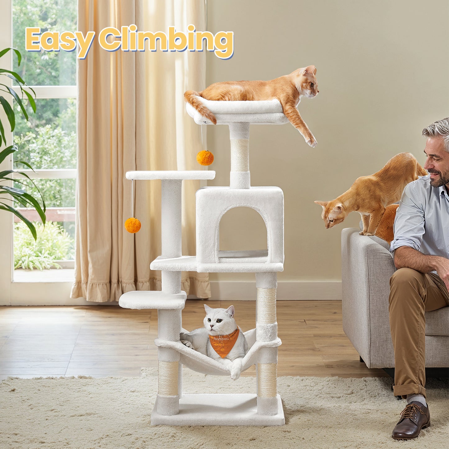 112 cm Cat Tree, Multi-Level Soft Plush Cat Tree, Cat Tower Condo with 4 Cat Scratching Posts, Hammock, Cave, Platform, Toys, Pink/White/Beige/Grey, Easy Assembly and Sturdy, Indoor Cat Furniture