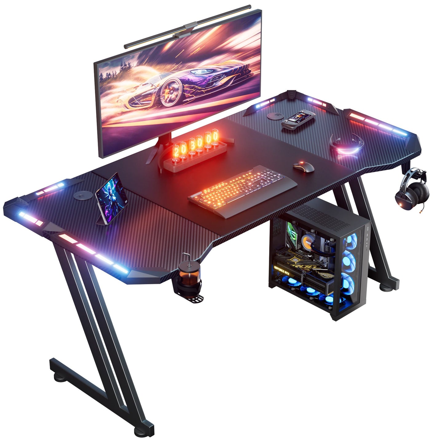 RGB Gaming Desk with LED Lights and Mouse Pad, Large Ergonomic Computer Desk with Cup Holder & Headphone Hook,Modern Carbon Fiber Design for PC Gaming & Home Office,Black