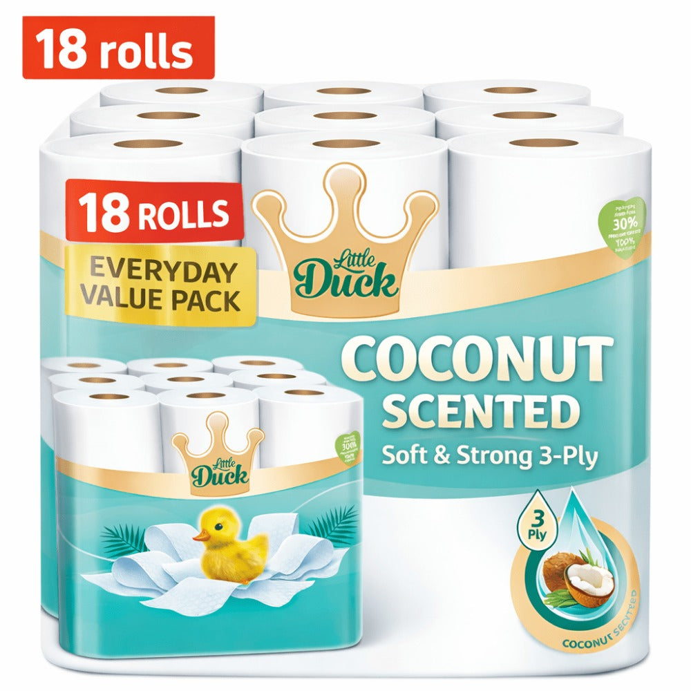 Coconut Scented Toilet Rolls 18 Pack – Soft Strong 3 Ply Toilet Paper with Fresh Fragrance for Home Bathrooms | Absorbent & Gentle, Everyday Value Bulk Pack