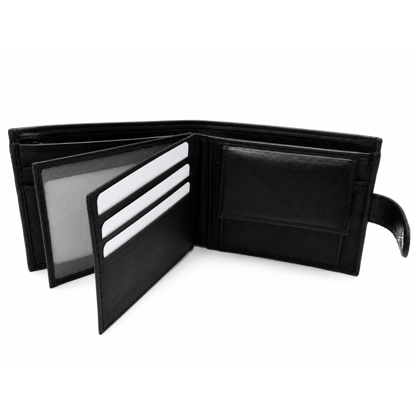 Mens Genuine Leather Wallet Black RFID Blocking Soft Tri Fold Card Slots Id Window and Coin Pocket