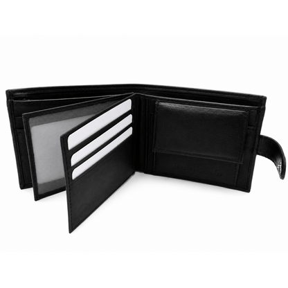 Mens Genuine Leather Wallet Black RFID Blocking Soft Tri Fold Card Slots Id Window and Coin Pocket