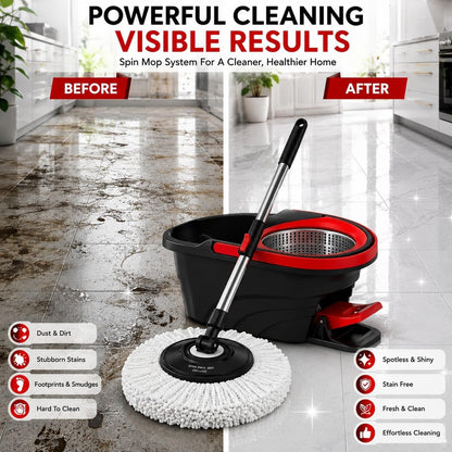 Deluxe Spin Mop & Bucket Set with Stainless Steel Wringer, Adjustable Handle (48–135cm), 2 Microfiber Mop Heads & Foot Pedal Heavy Duty Cleaning System for Home & Floor Care