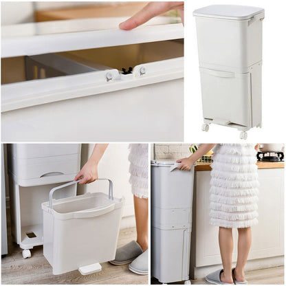 38L Rolling Dual Compartment Waste Bin with Casters – Wet & Dry Separation Rubbish Bin for Office & Living Room, Sturdy Plastic, 42x28x73cm