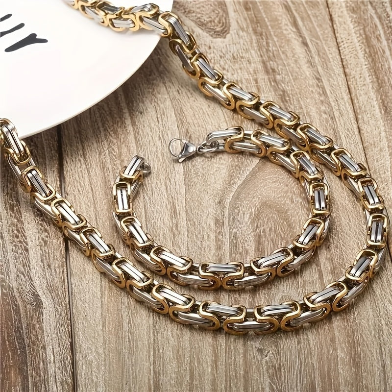 2pcs Set of Fashionable and Domineering Stainless Steel Necklace + Bracelet Jewelry Set, Men's Imperial Chain Accessories, Ideal Jewelry Gift for Wearing on Any Occasion, Matching with Any Clothing, Gifts