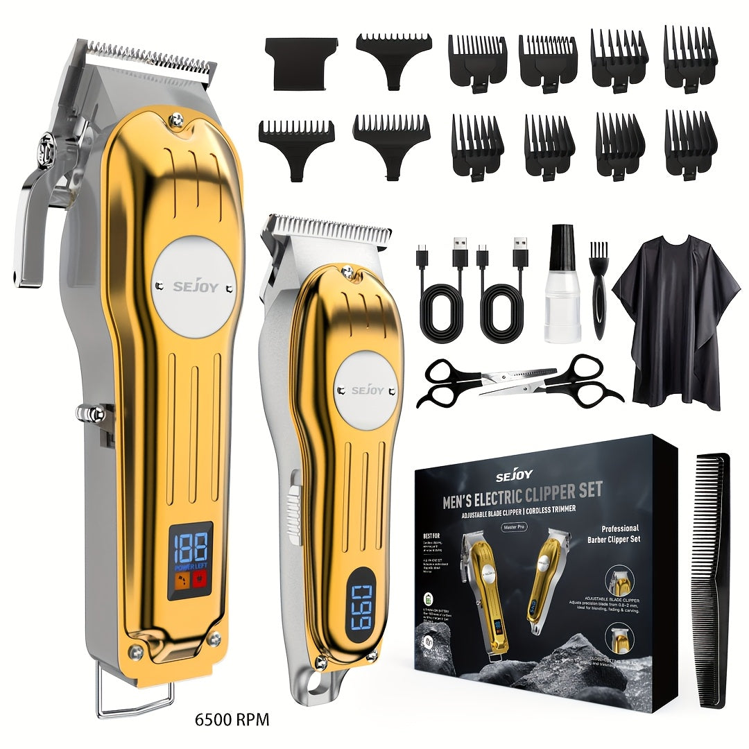 SEJOY Hair Clippers Professional Cordless for Men, T-Blade Hair Beard Trimmer Kit, Professional Clippers for Hair Cutting Kit with LED Display, 4500-7000RPM, Cordless Clippers for Men Women Barber Grooming Kit for Household.(Sliver/Blue/Golden)