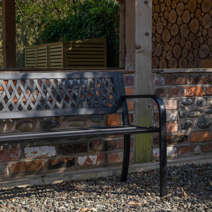 Garden Bench 2 Seater Metal with Lattice Backrest – Keswick Outdoor Patio Bench, Black Powder Coated Weather Resistant Frame, 119cm, Seats 2, Max 220kg