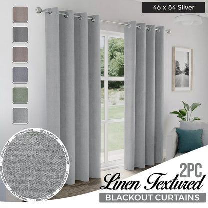 2pcs Linen Textured Blackout Curtains – Linen-Look Coated Thick Fabric Grommet Top Drapes for Bedroom & Living Room, Noise Reducing Energy Saving Window Panels for Home Decor 135GSM