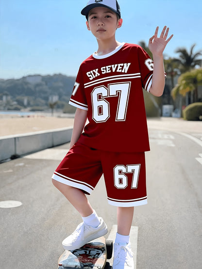 2pcs/Set Boys' Casual Stylish Creative Graphic Number 67 Cartoon Print Short Sleeve T-Shirt And Shorts Set, Comfortable Daily Wear for Spring, Summer & Autumn, for Outdoor