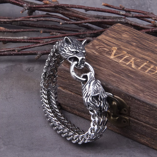 Viking Wolf Head Bracelet for Men, Stainless Steel Mesh Chain, Fade-Resistant, No Box