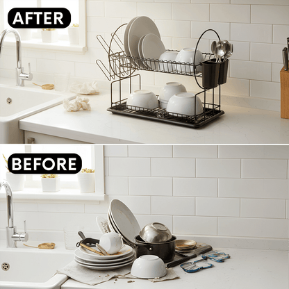 AEX 2 Tier Dish Drainer Rack – Stainless Steel Kitchen Counter Dish Drying Rack with Drip Tray, Cutlery Holder and Cup Holder