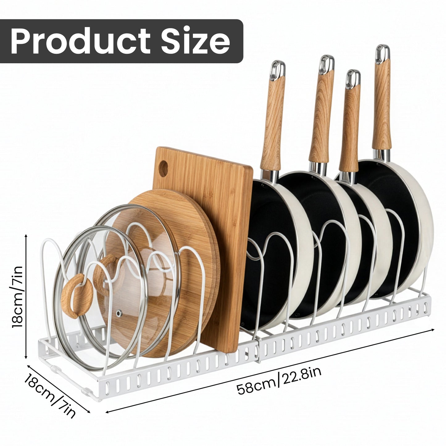 1 Set Pot and Pan Organizer Rack with 10 Adjustable Dividers – Expandable Kitchen Cabinet Storage for Lids, Dishes, Cookware – Bakeware Rack for RV & Home