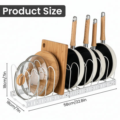 1 Set Pot and Pan Organizer Rack with 10 Adjustable Dividers – Expandable Kitchen Cabinet Storage for Lids, Dishes, Cookware – Bakeware Rack for RV & Home