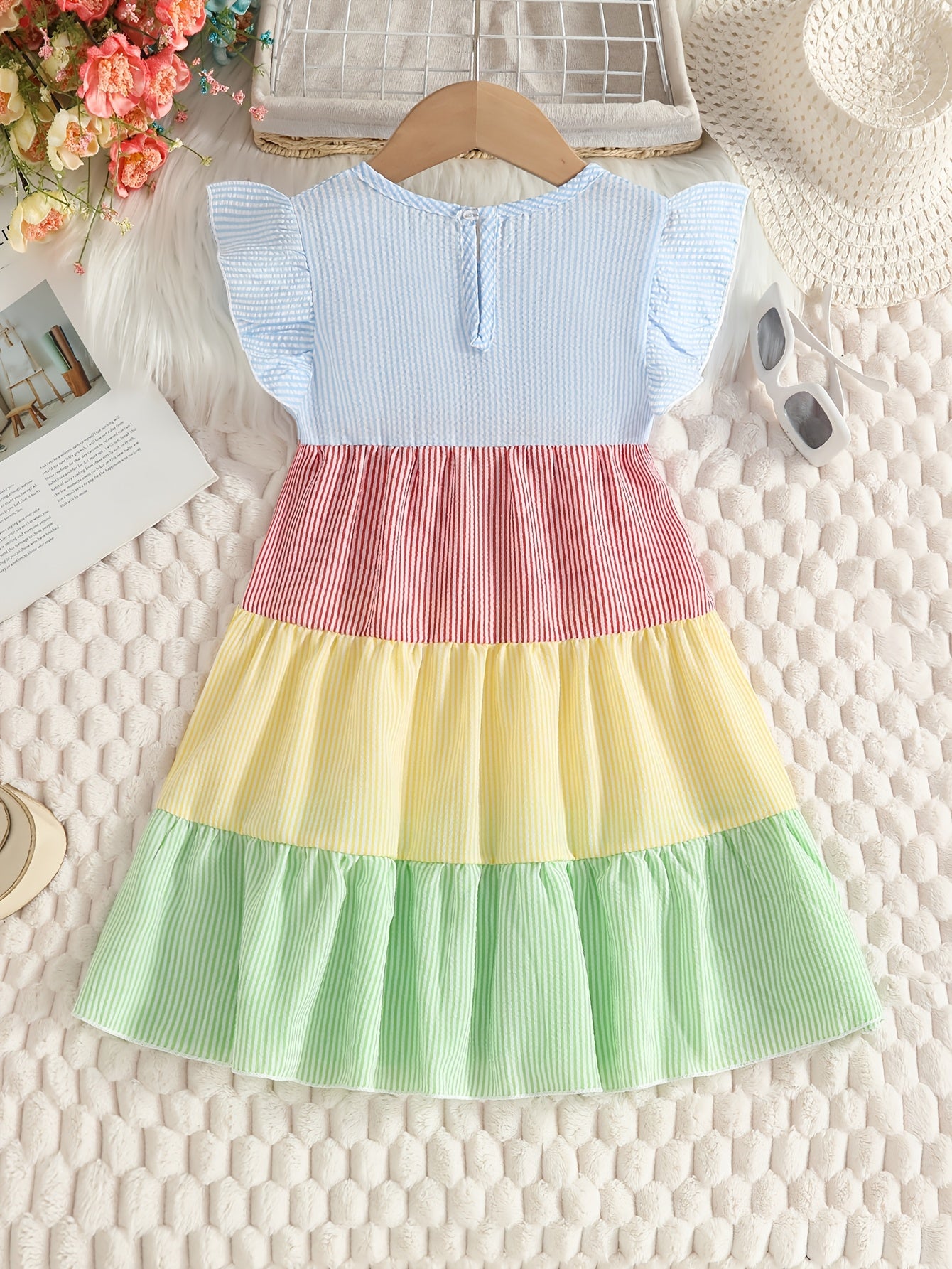 New Summer Style Girls' Colorblock Striped Dress, Cute Flutter Sleeve Dress, Summer Casual Dress, Summer Children's Clothing, Casual Daily Wear, Sweet and Adorable Girls' Dress, Girls' Clothes, Easter