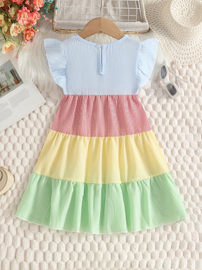 New Summer Style Girls' Colorblock Striped Dress, Cute Flutter Sleeve Dress, Summer Casual Dress, Summer Children's Clothing, Casual Daily Wear, Sweet and Adorable Girls' Dress, Girls' Clothes, Easter