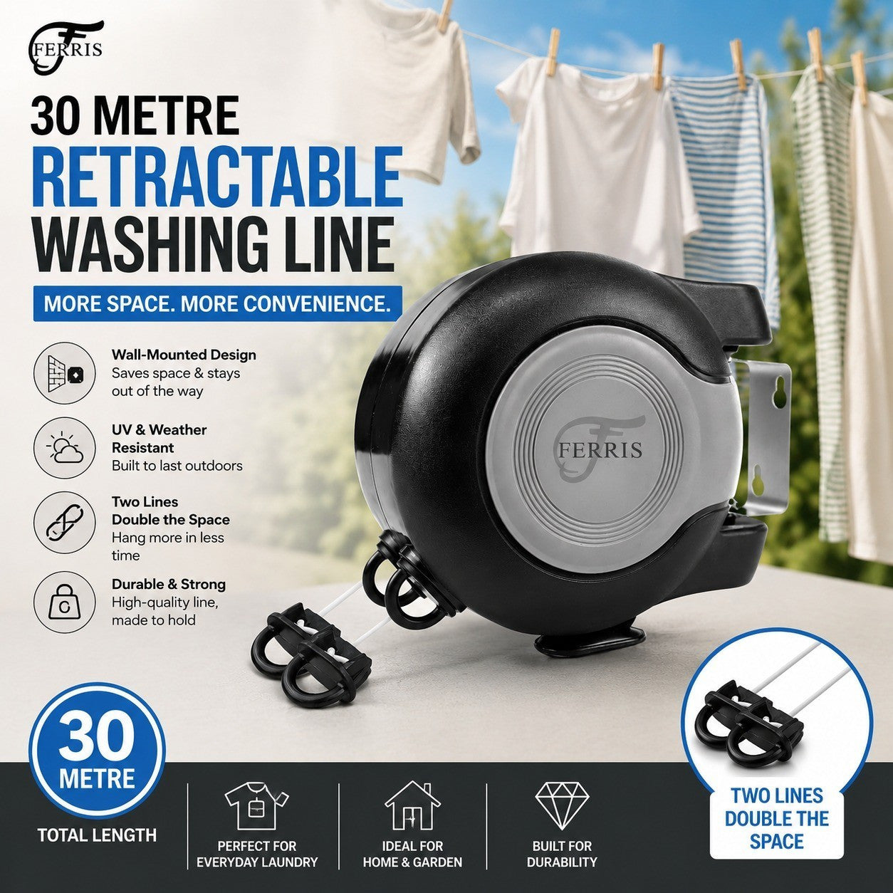 FERRIS 30M Washing Line Rope | Strong & Durable Clothes Line for Indoor & Outdoor Drying | Weather Resistant Laundry Line | Easy to Cut to Size | Garden, Camping & Home Use