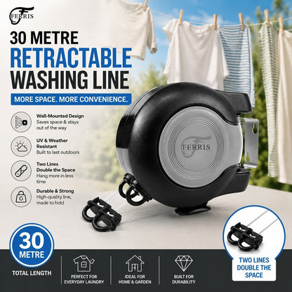 FERRIS 30M Washing Line Rope | Strong & Durable Clothes Line for Indoor & Outdoor Drying | Weather Resistant Laundry Line | Easy to Cut to Size | Garden, Camping & Home Use