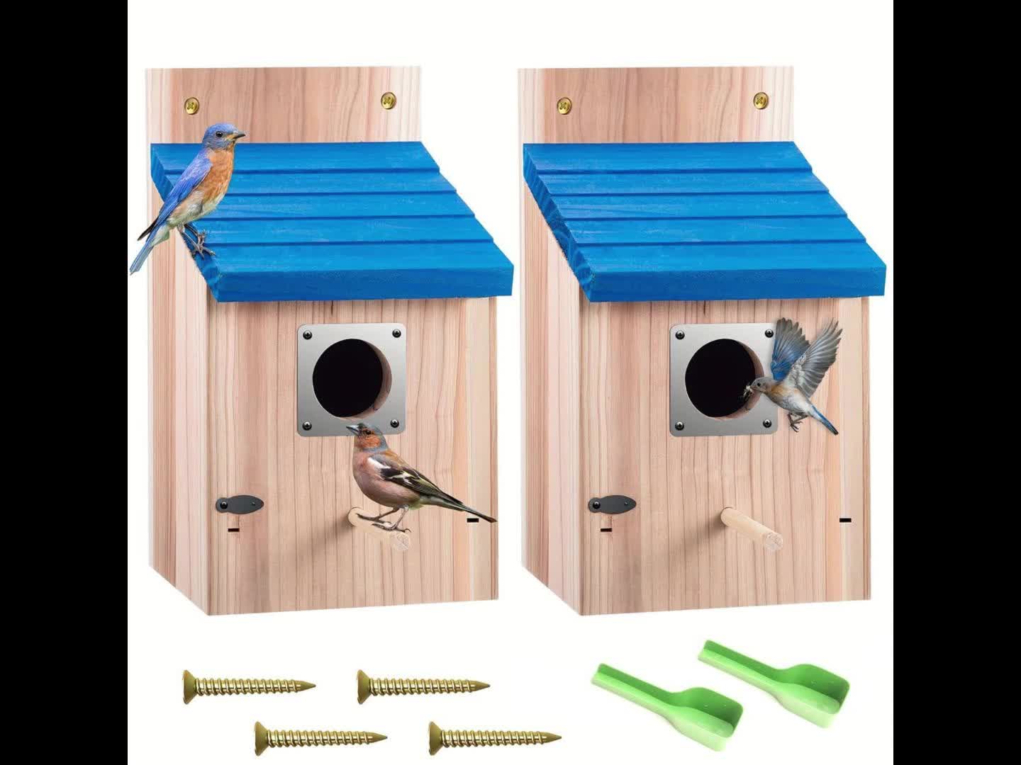 2pcs Cedar Bluebird Box Houses with Metal Guard, Secure Latch, Fledgling Grooves, Air Vents - Wooden Bird Houses for Outside, 1-1/2" Entrance Hole, Perfect for Bluebirds, Wrens, Swallows, Bird Feeder Houses | Classic Style | Wooden Construction, Bird Hous