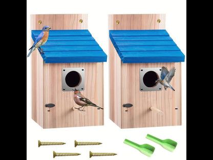 2pcs Cedar Bluebird Box Houses with Metal Guard, Secure Latch, Fledgling Grooves, Air Vents - Wooden Bird Houses for Outside, 1-1/2" Entrance Hole, Perfect for Bluebirds, Wrens, Swallows, Bird Feeder Houses | Classic Style | Wooden Construction, Bird Hous