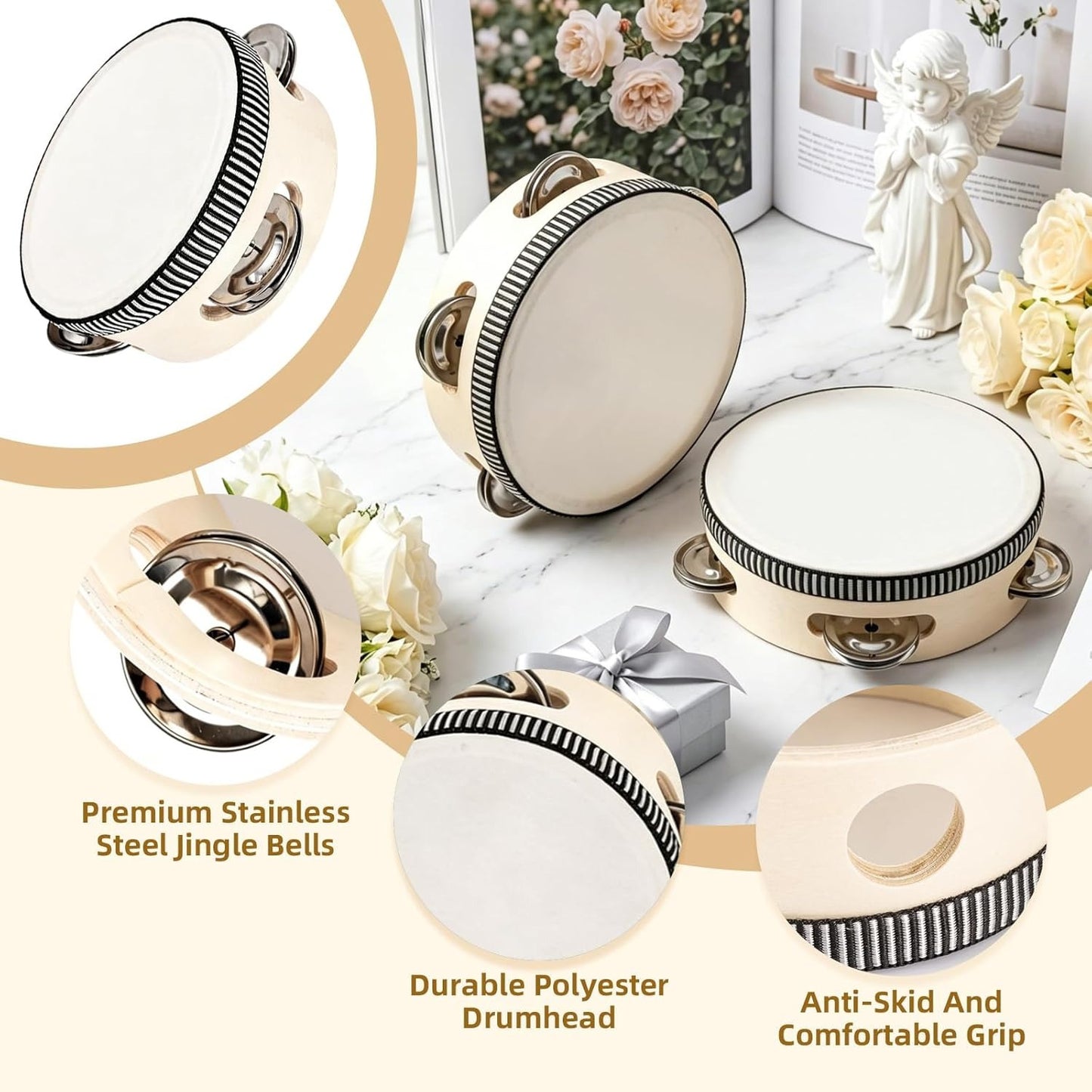 8PCS White & Gold Wedding Tambourine Drums Set for Ceremony & Reception