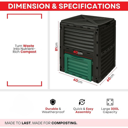 300L Garden Compost Bin – Outdoor Composting Container for Kitchen & Garden Waste (Black Green)
