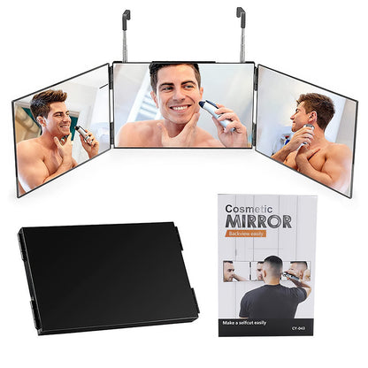 Multi-Functional Tri-Fold Makeup Mirror, Foldable Barbering Tri-Angle Mirror - Height-Adjustable, Hook-Mounted, Foldable, Wall-Mounted, Suitable for Self-Haircutting, Shaving, Grooming, Facial Treatments and Makeup Application