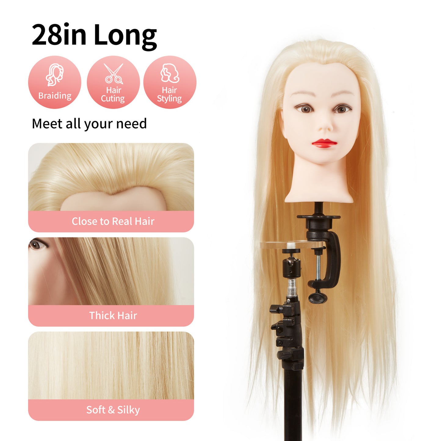 24"/28" Hairdressing Styling Mannequin Doll Salon Training Hair Clamp Professional