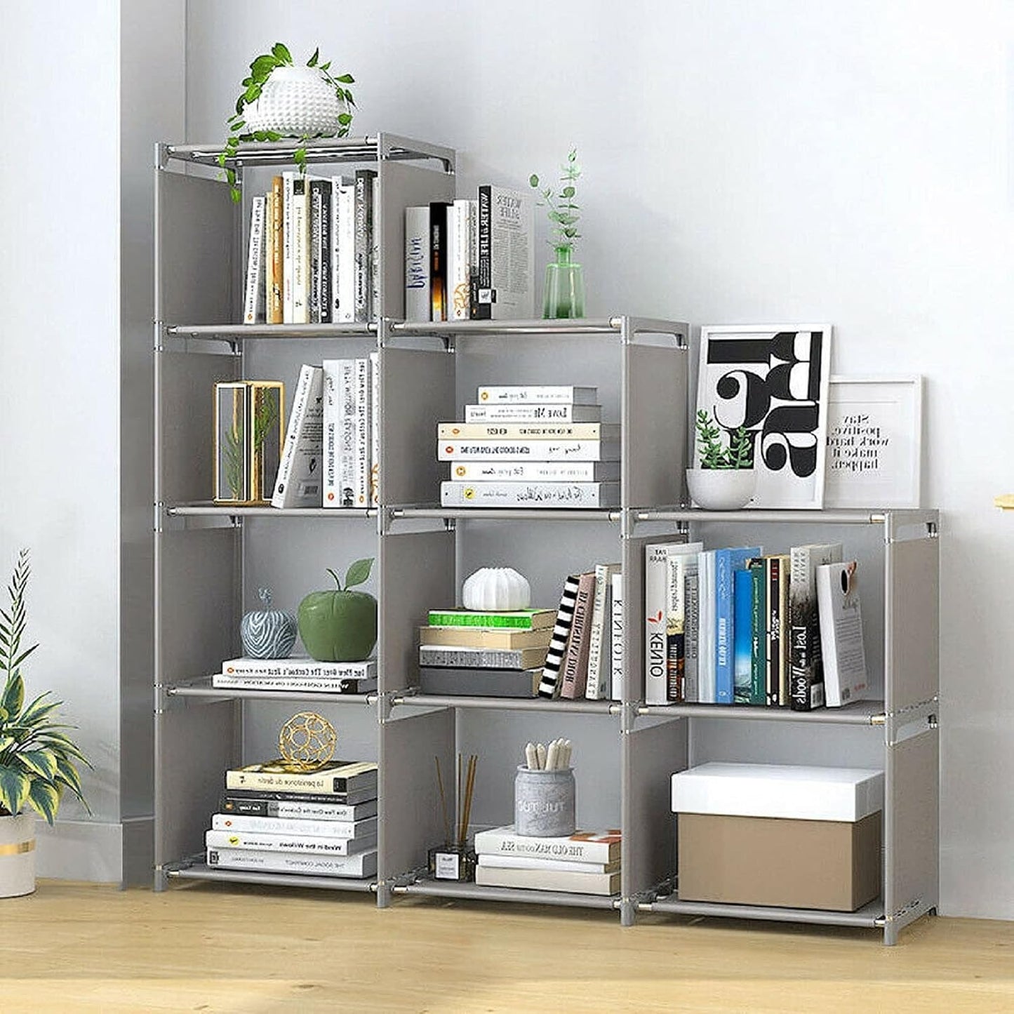 9 Cube Bookcase Ladder Cube Shelving Unit Bookshelf Cube Shelves Under Stairs Storage Unit Cube Storage Organiser For Living Room Bedroom Books Toys Clothes Tools Grey