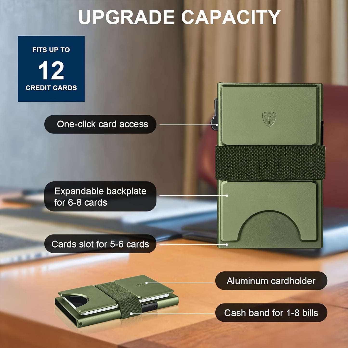 Compact Card Holder Designed for 12 Cards, Featuring RFID Protection And a Metal Construction. This Small Anti-Theft Case Includes a Sliding Ejector Button for Easy Access to Your Bank And Credit Cards, Made from Aluminum