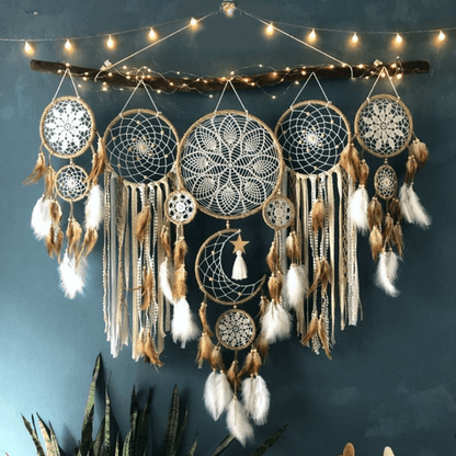 Dream Catcher Set of 5 – Large Boho Metal Moon & Sun Wall Hanging Decor, Handmade Macrame Woven Feather Dream Catchers for Bedroom, Camel Colour, Halloween & Christmas Gift