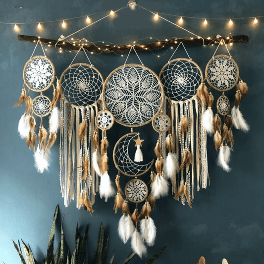 5pcs Large Metal Dream Catcher Set with Decorations Moon and Sun Design Boho Macrame Woven Wall Hanging Room Decor, Handmade Feathers Dream Catchers -Halloween and Christmas gifts(camel color)
