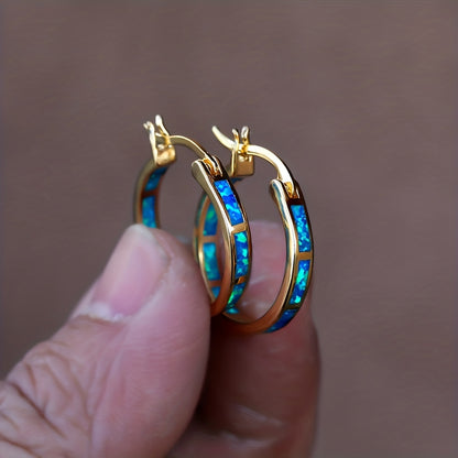Boho Vintage Blue White Synthetic Opal Earrings | 14K Golden Plated Copper Hoop Earrings for Women, Suitable for Daily and Party Occasions