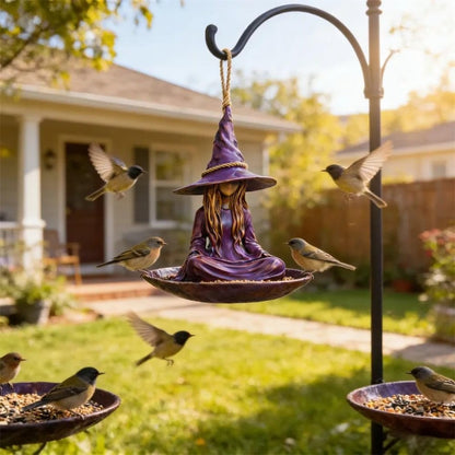 1pc Meditating Witch Garden Bird Feeder, Purple Resin Witch Hat Design with Rope Hanger, Outdoor Garden Decor