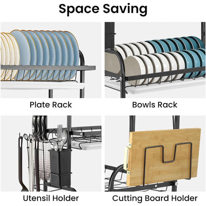 3-Tier Dish Rack Dish Drainer Rack with Drainboard Large Over Sink Drying Rack Kitchen with Cutlery & Cutting Board Holder Space-Saving Kitchen Draining Board with Drip Tray