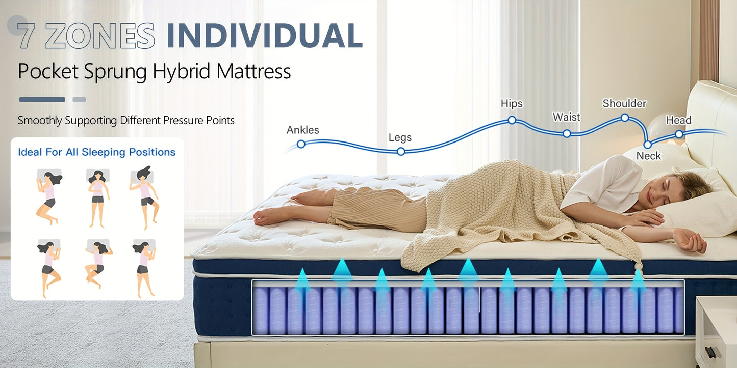 30cm Hybrid Mattress Pocket Sprung 3ft 4ft 4FT6 Double 5ft King 6ft Memory Foam Mattress In A Box, Pocket Spring for Edge Support, Medium Firm Mattress for Balance Of Comfort And Support, Fiberglass Free & Isolate Motion