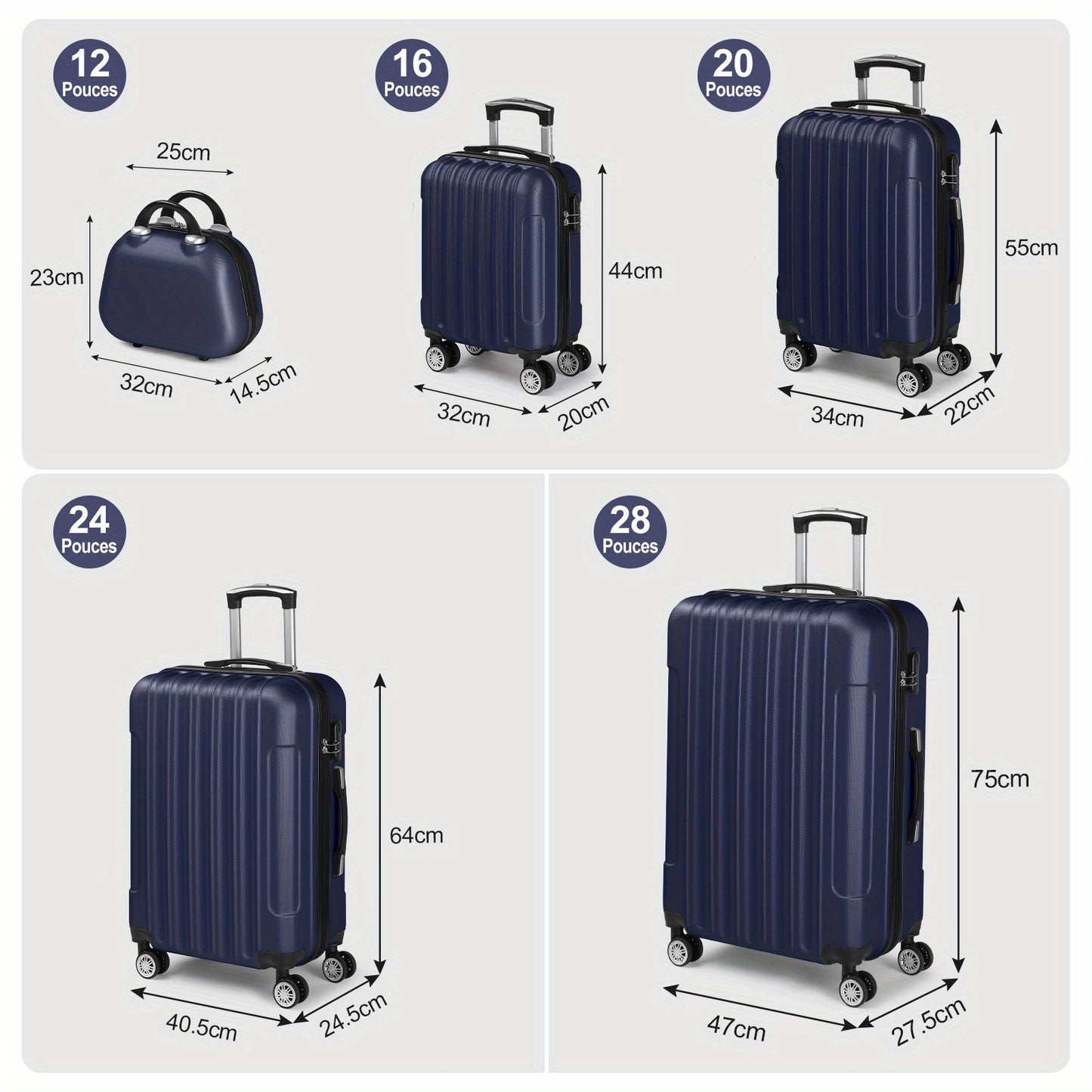 5pcs ABS Hardshell Luggage Set Lightweight Spinner Wheels Includes Carry-On (12/ 16/ 20/ 24/ 28 Inch) Suitcases for Travel