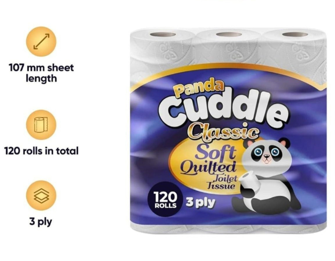 Panda Cuddle 120 Rolls, 3‑Ply Quilted Toilet Paper | Made in the UK | Luxuriously Soft, Gentle and Hypoallergenic Toilet Rolls | Family Value Pack of 120 Rolls, Gentle Bulk Bathroom Tissue, Unscented | Fast Dispatch from UK Seller
