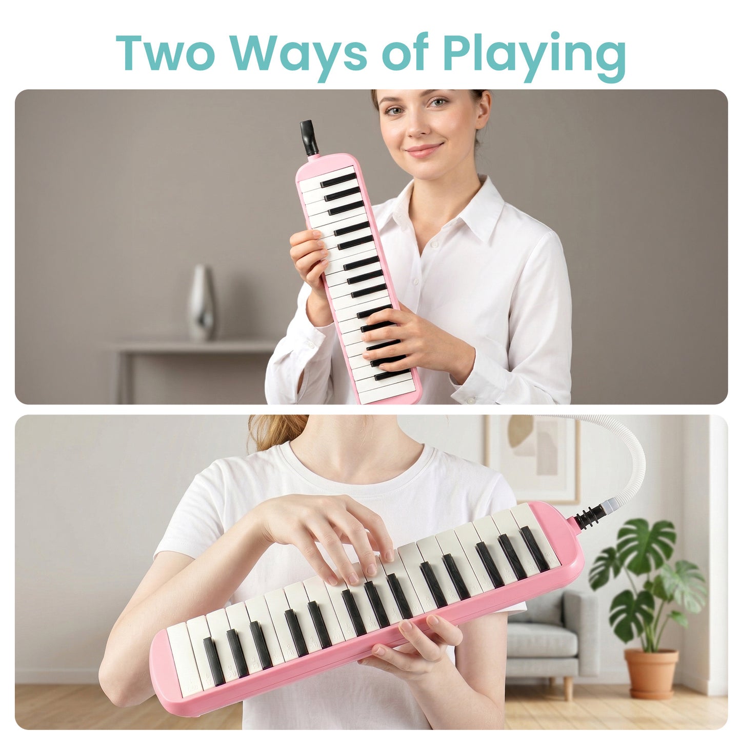 32-Key Soprano Melodica Air Piano Keyboard with Soft Long Tube & Short Mouthpiece, Durable ABS Material, Portable Beginner Instrument with Carrying Bag, Available in Black, Blue, Pink