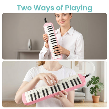 32-Key Soprano Melodica Air Piano Keyboard with Soft Long Tube & Short Mouthpiece, Durable ABS Material, Portable Beginner Instrument with Carrying Bag, Available in Black, Blue, Pink