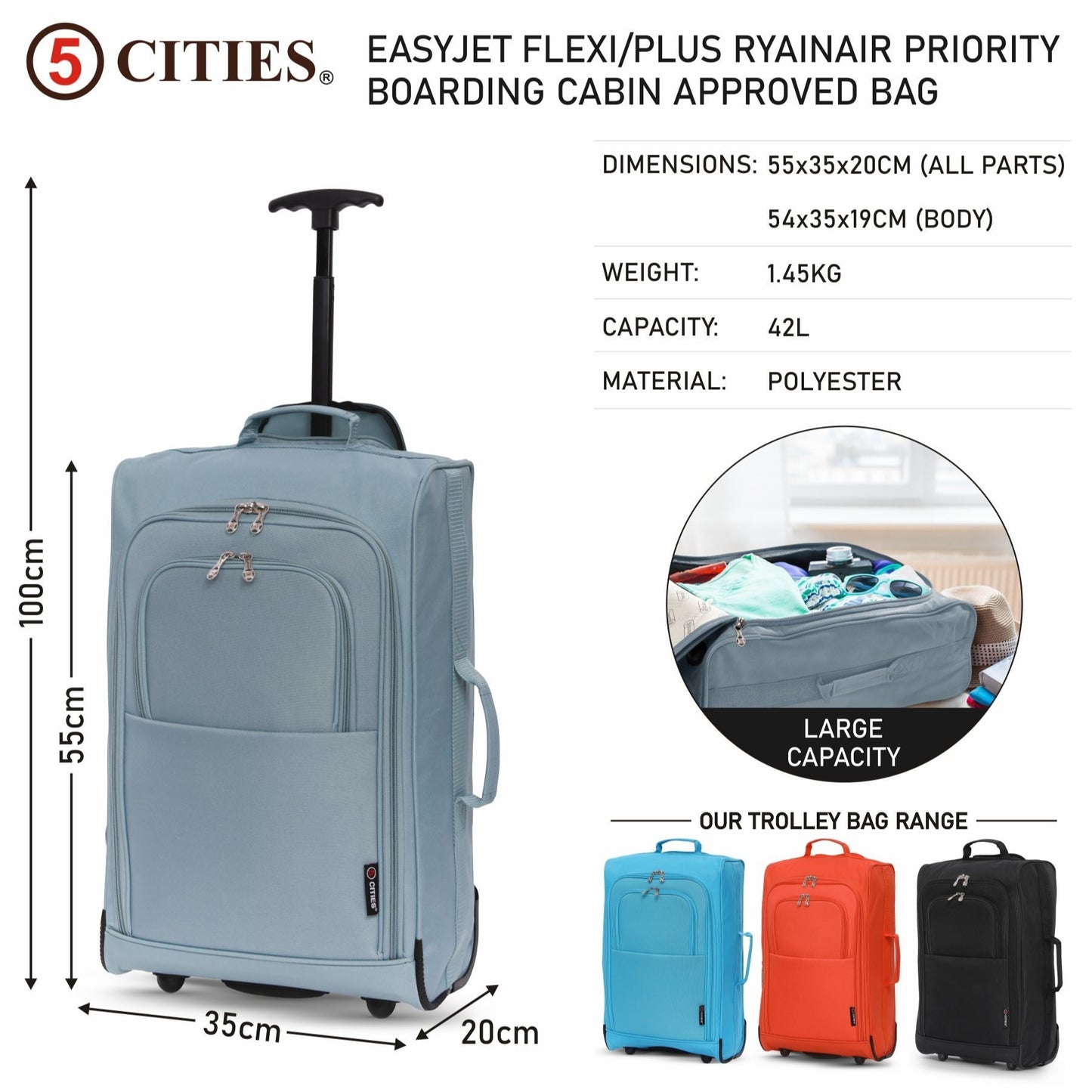 5 Cities 21” / 55cm Lightweight Carry On Travel Cabin Trolley Bag with Wheels, Cabin Approved Hand Luggage, 2 Year Warranty – Black