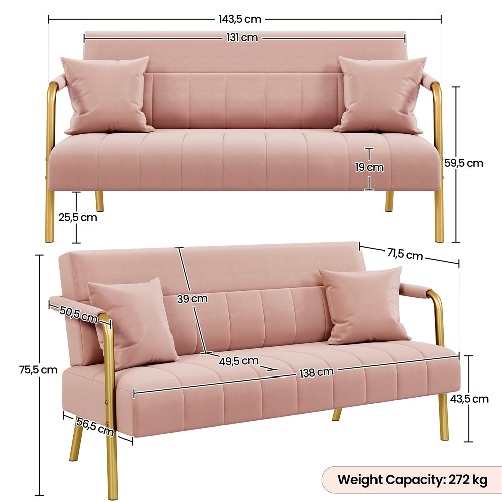 Costoffs Sofa Couch Modern Velvet Sofa Couch, 143cm Small Loveseat with Gold-tone Metal Arms & Legs, Upholstered Design, Includes 2 Pillows, Ideal for Bedroom, Home Office, Studio, Small Spaces, Light Grey/Green/Beige/Black/Pink
