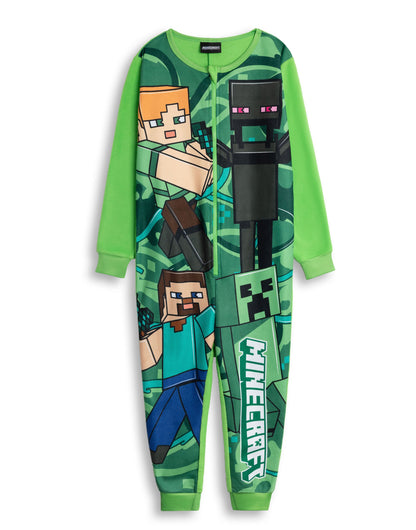 Minecraft Creeper Boys Green Zip-Up Onesie | Long Sleeve Microfleece Sleepwear with Steve & Enderman Print | Kids Gamer Nightwear | Ideal for Bedtime & Lounging | Minecraft Merch - 13-14 Years